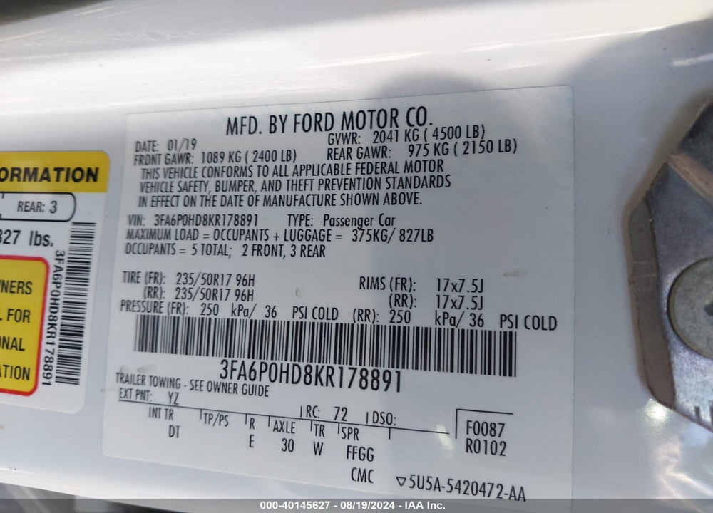 2019 FORD FUSION VIN: 3FA6P0HD8KR178891