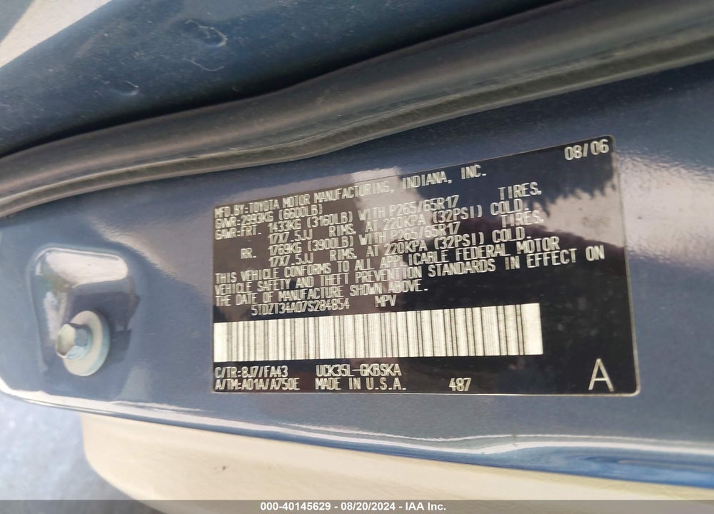 2007 TOYOTA SEQUOIA SR5 V8 VIN: 5TDZT34A07S284854