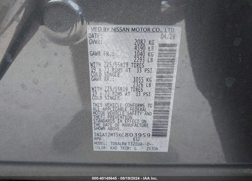 2019 NISSAN ROGUE SL VIN: 5N1AT2MT5KC803959