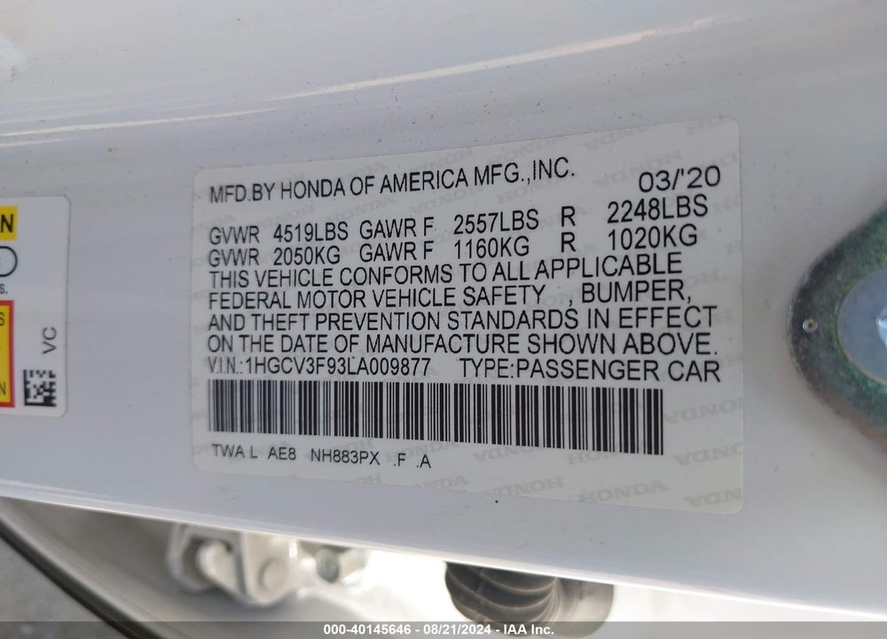 2020 HONDA ACCORD HYBRID TOURING VIN: 1HGCV3F93LA009877