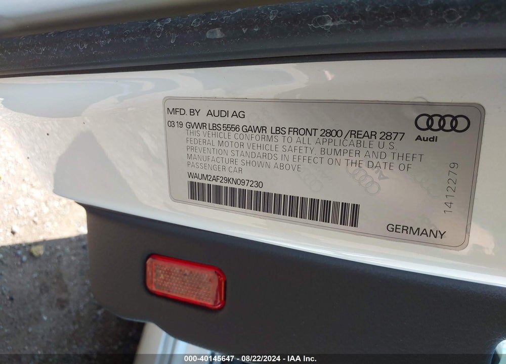 2019 AUDI A6 55 PREMIUM VIN: WAUM2AF29KN097230