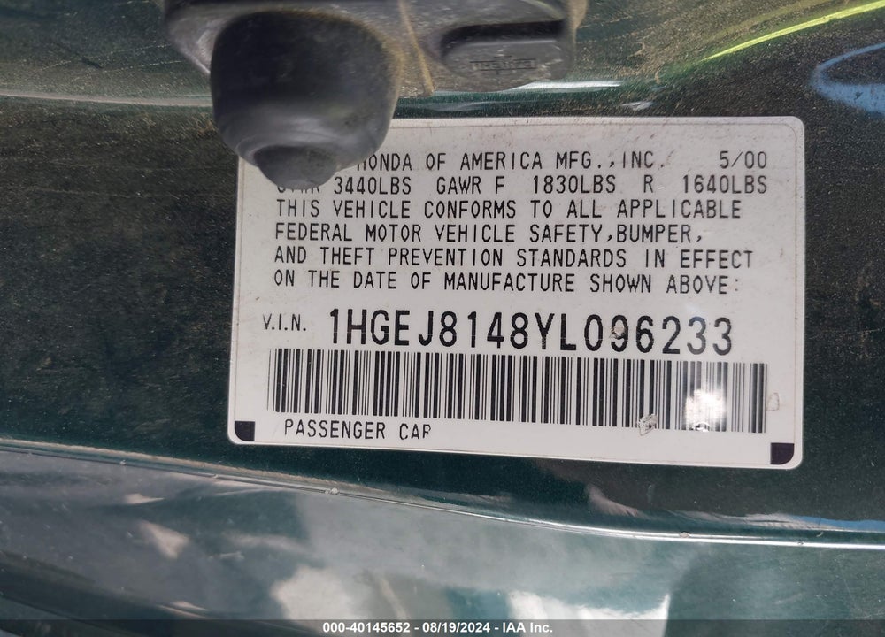 2000 HONDA CIVIC EX VIN: 1HGEJ8148YL096233