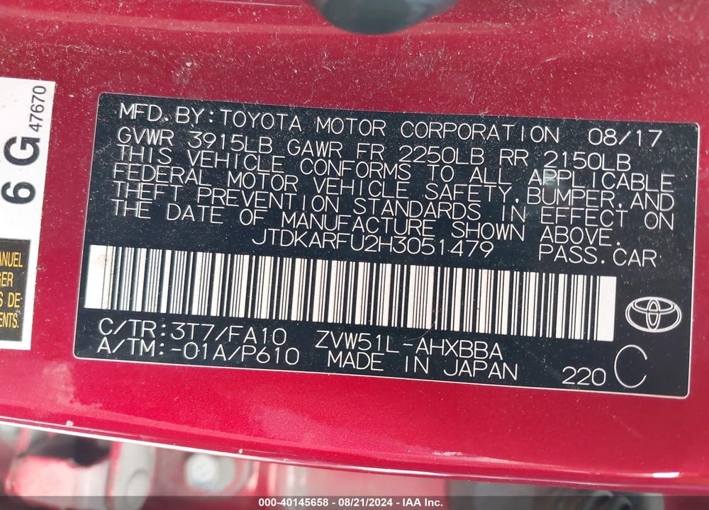 2017 TOYOTA PRIUS TWO ECO VIN: JTDKARFU2H3051479