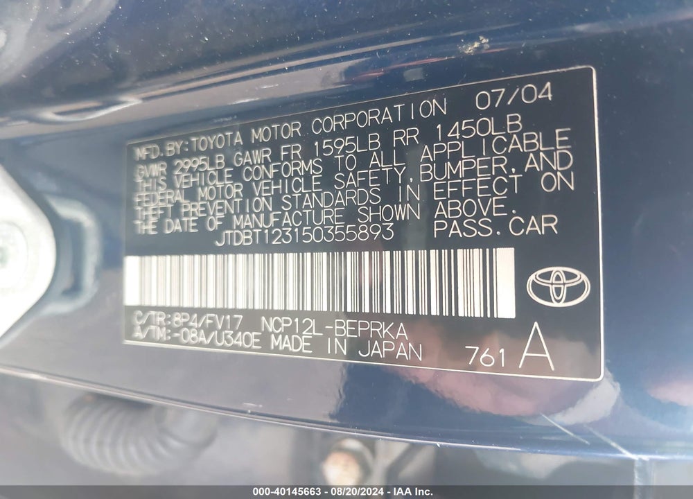 2005 TOYOTA ECHO VIN: JTDBT123150355893