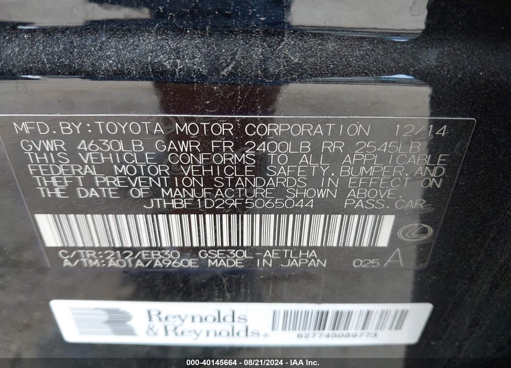 2015 LEXUS IS 250 VIN: JTHBF1D29F5065044