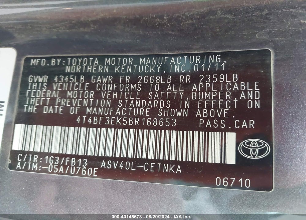 2011 TOYOTA CAMRY LE VIN: 4T4BF3EK5BR168653