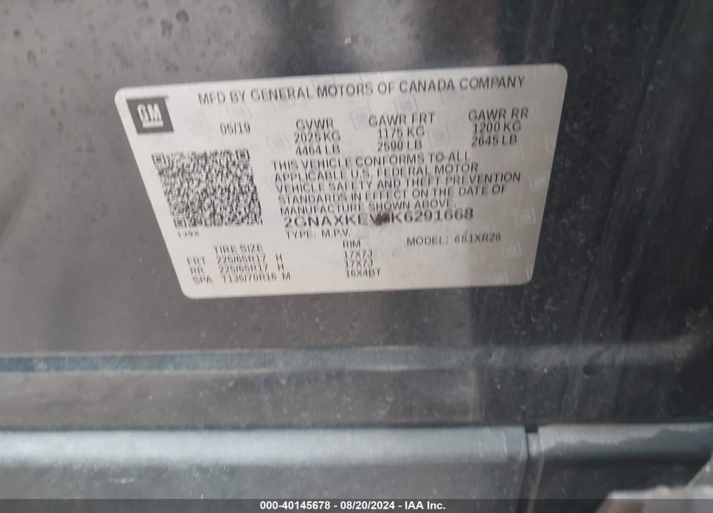 2019 CHEVROLET EQUINOX LT VIN: 2GNAXKEV6K6291668