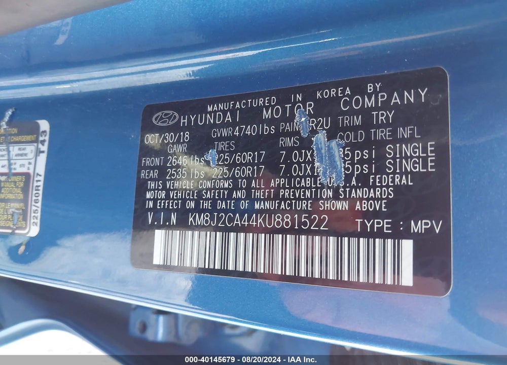 2019 HYUNDAI TUCSON SE VIN: KM8J2CA44KU881522