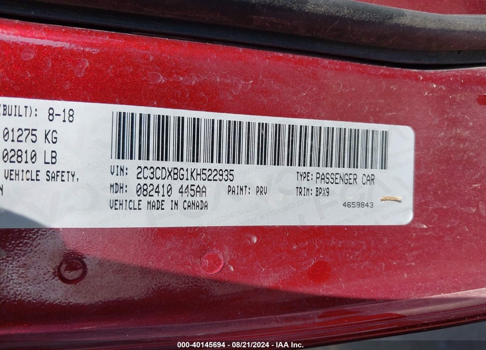 2019 DODGE CHARGER SXT RWD VIN: 2C3CDXBG1KH522935