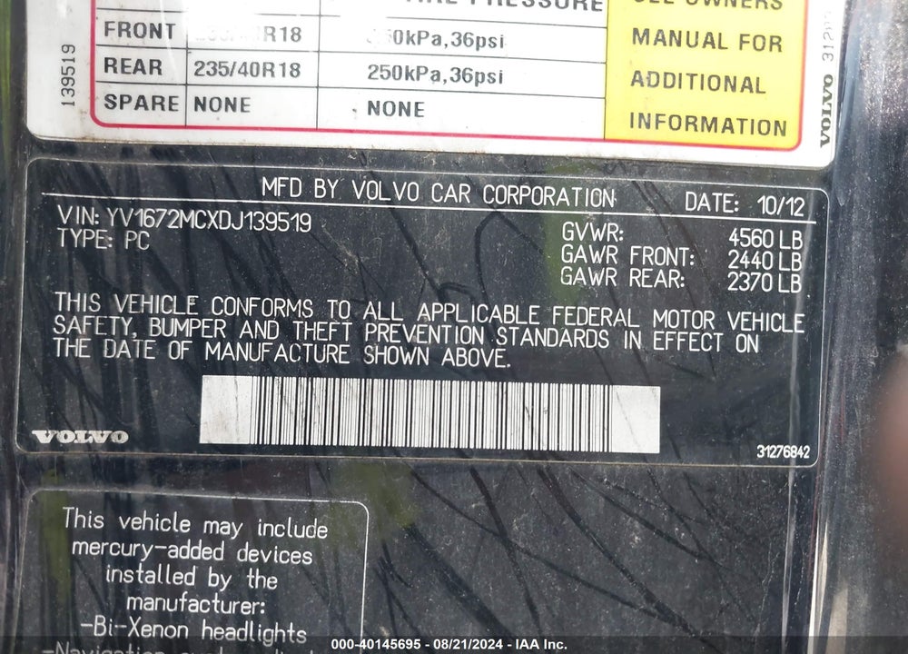 2013 VOLVO C70 VIN: YV1672MCXDJ139519