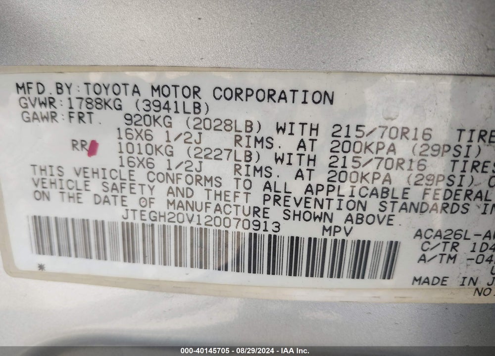 2002 TOYOTA RAV4 VIN: JTEGH20V120070913