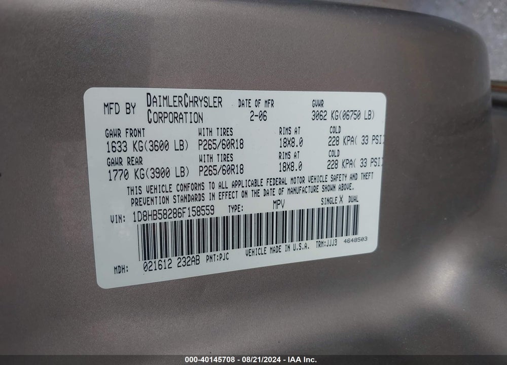 2006 DODGE DURANGO LIMITED VIN: 1D8HB58286F158559