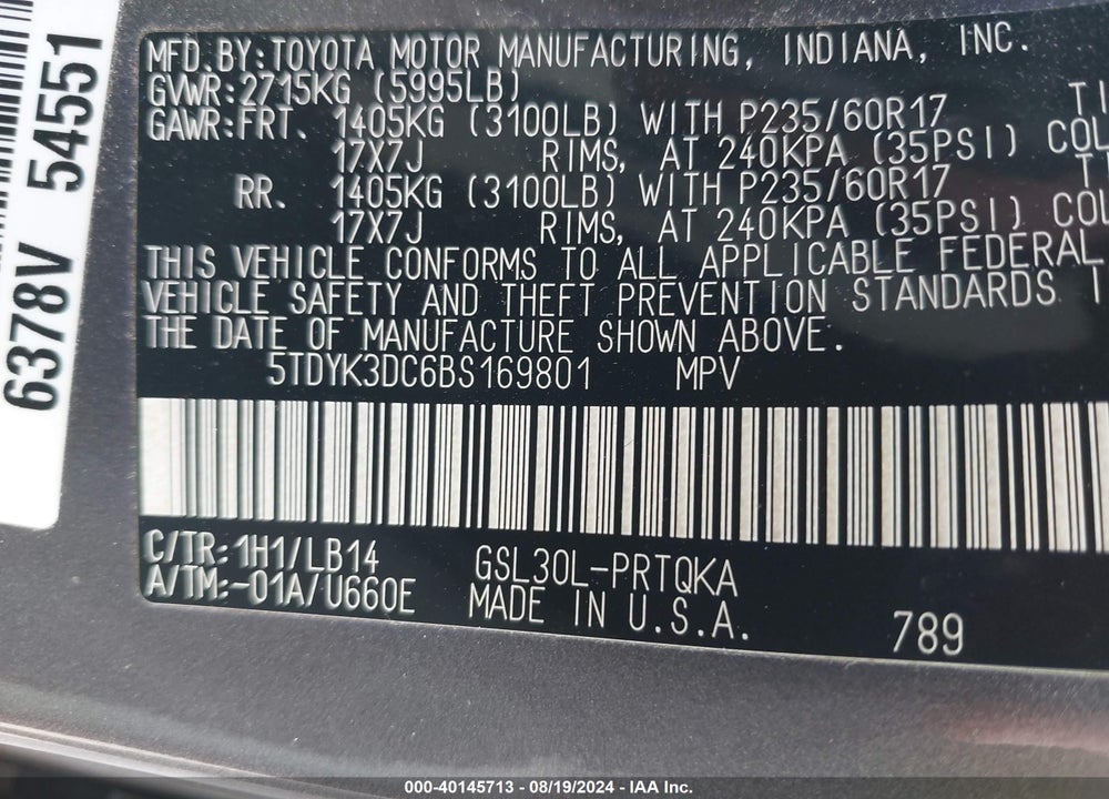 2011 TOYOTA SIENNA XLE V6 VIN: 5TDYK3DC6BS169801