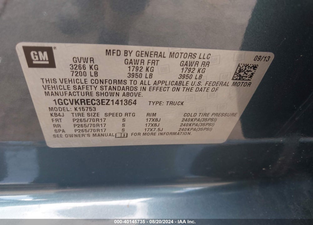 2014 CHEVROLET SILVERADO 1500 2LT VIN: 1GCVKREC3EZ141364