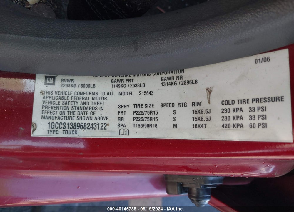 2006 CHEVROLET COLORADO LT VIN: 1GCCS138968243122