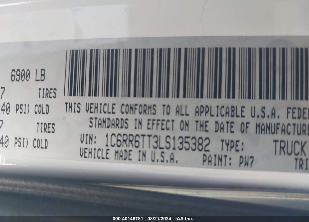 2020 RAM 1500 CLASSIC SLT 4X2 6'4 BOX VIN: 1C6RR6TT3LS135382