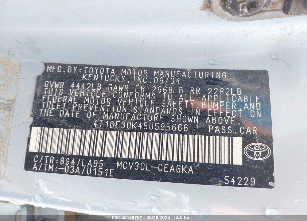2005 TOYOTA CAMRY VIN: 4T1BF30K45U595666