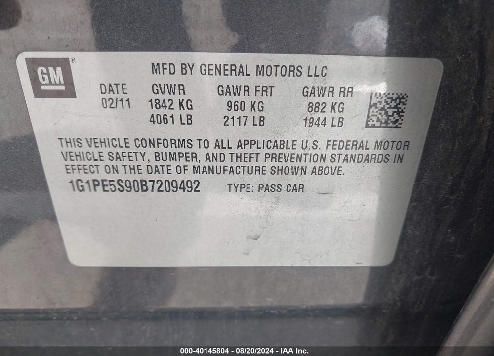 2011 CHEVROLET CRUZE LT VIN: 1G1PE5S90B7209492