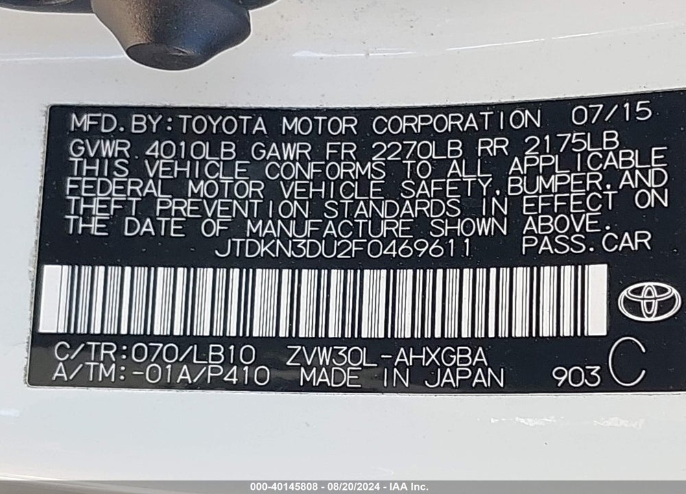 2015 TOYOTA PRIUS FOUR VIN: JTDKN3DU2F0469611
