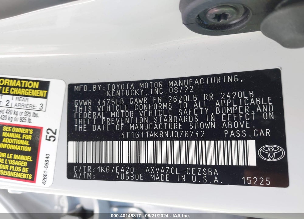 2022 TOYOTA CAMRY SE VIN: 4T1G11AK8NU076742