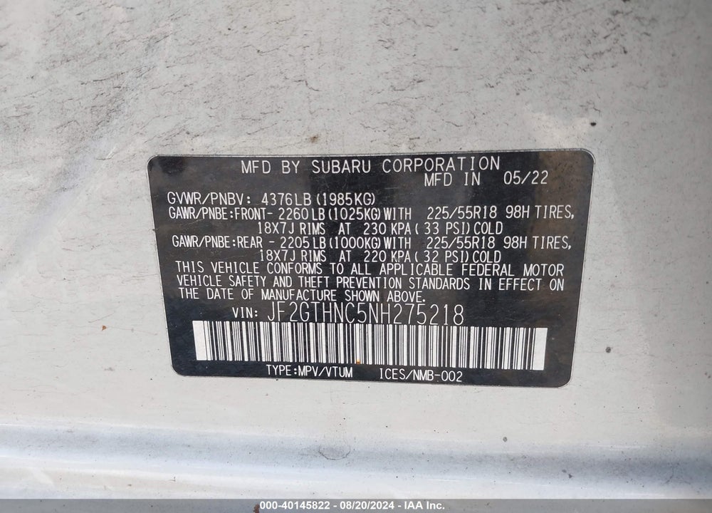 2022 SUBARU CROSSTREK LIMITED VIN: JF2GTHNC5NH275218