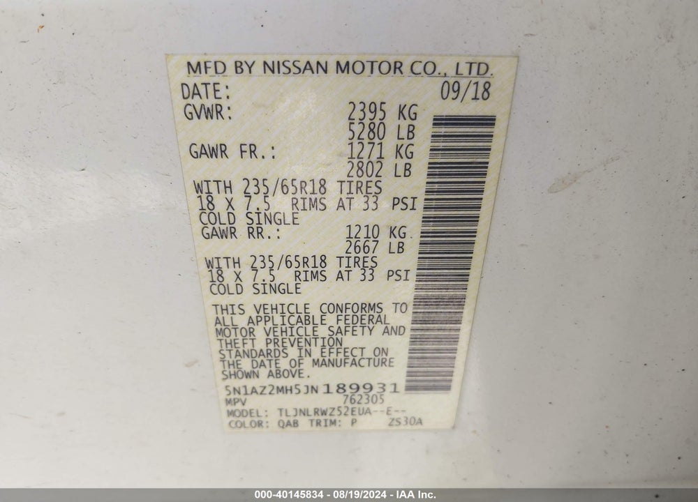2018 NISSAN MURANO SL VIN: 5N1AZ2MH5JN189931