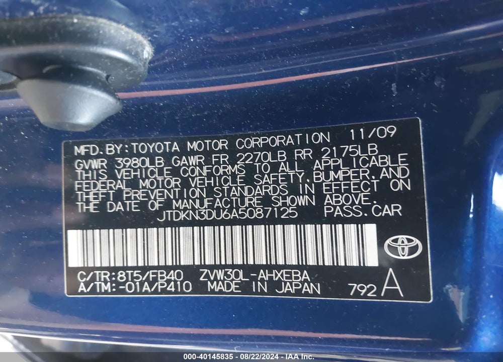 2010 TOYOTA PRIUS VIN: JTDKN3DU6A5087125