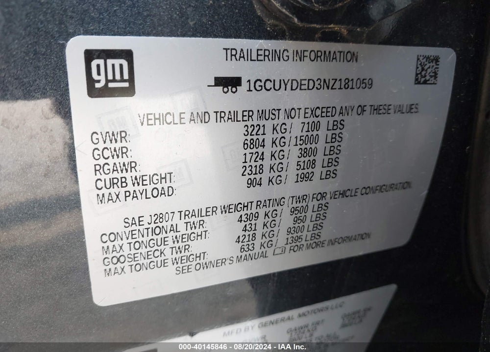 2022 CHEVROLET SILVERADO 1500 LTD 4WD SHORT BED LT VIN: 1GCUYDED3NZ181059