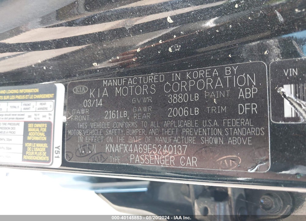 2014 KIA FORTE VIN: KNAFX4A69E5240137