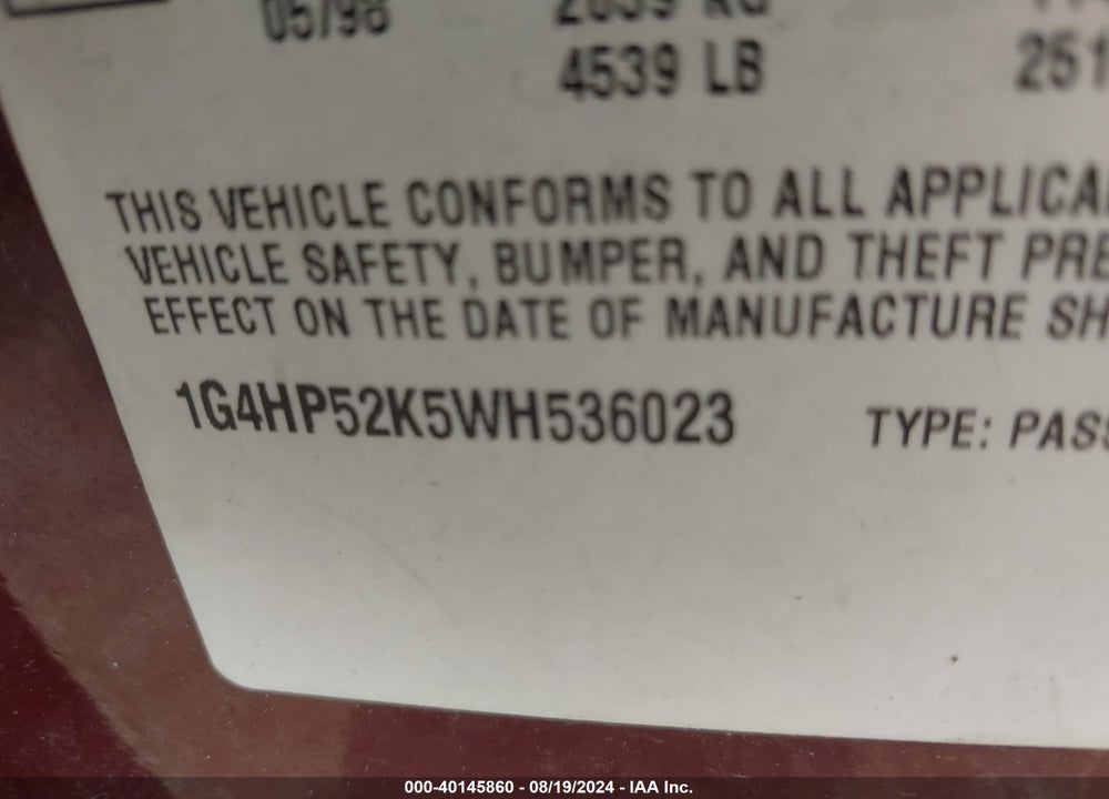 1998 BUICK LESABRE CUSTOM VIN: 1G4HP52K5WH536023