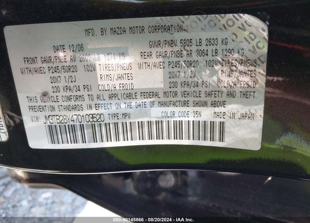 2007 MAZDA CX-9 GRAND TOURING VIN: JM3TB28Y470103520