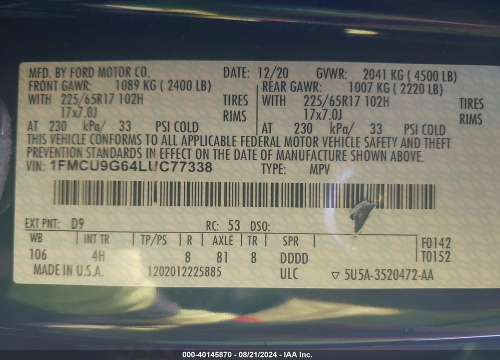 2020 FORD ESCAPE SE VIN: 1FMCU9G64LUC77338