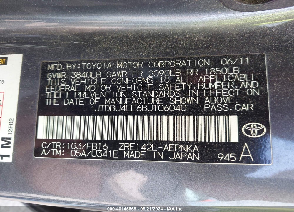 2011 TOYOTA COROLLA LE VIN: JTDBU4EE6BJ106040