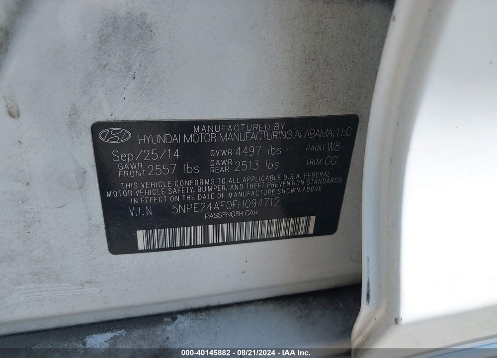 2015 HYUNDAI SONATA SE VIN: 5NPE24AF0FH094712