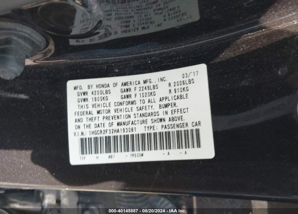 2017 HONDA ACCORD VIN: 1HGCR2F32HA193081