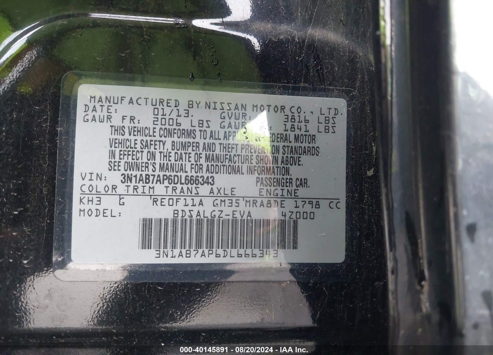 2013 NISSAN SENTRA SL VIN: 3N1AB7AP6DL666343