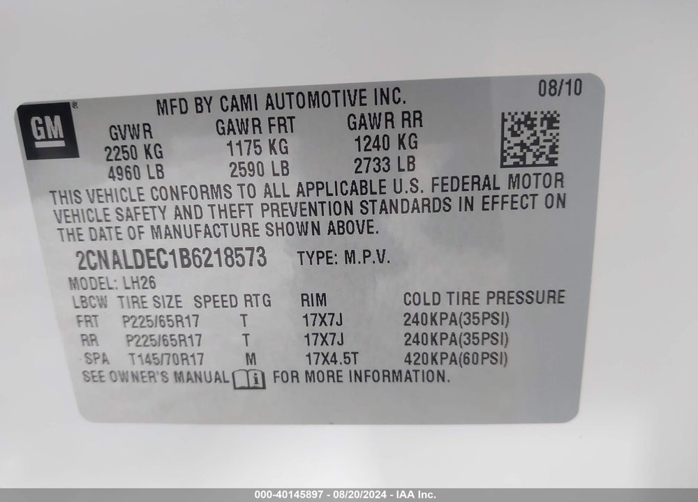 2011 CHEVROLET EQUINOX 1LT VIN: 2CNALDEC1B6218573