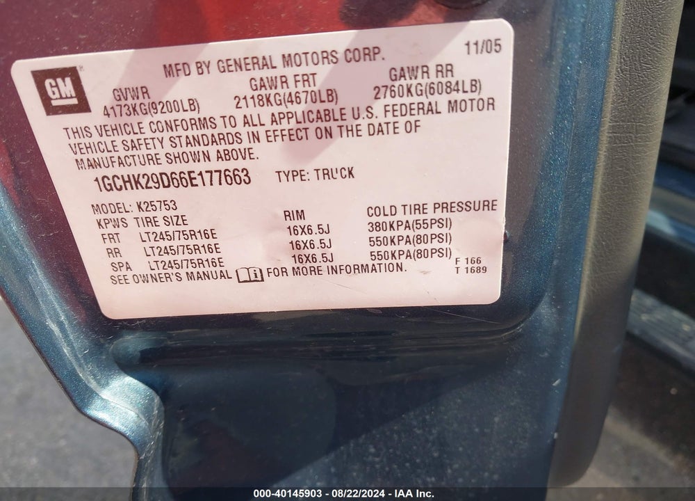 2006 CHEVROLET SILVERADO 2500HD LT1 VIN: 1GCHK29D66E177663