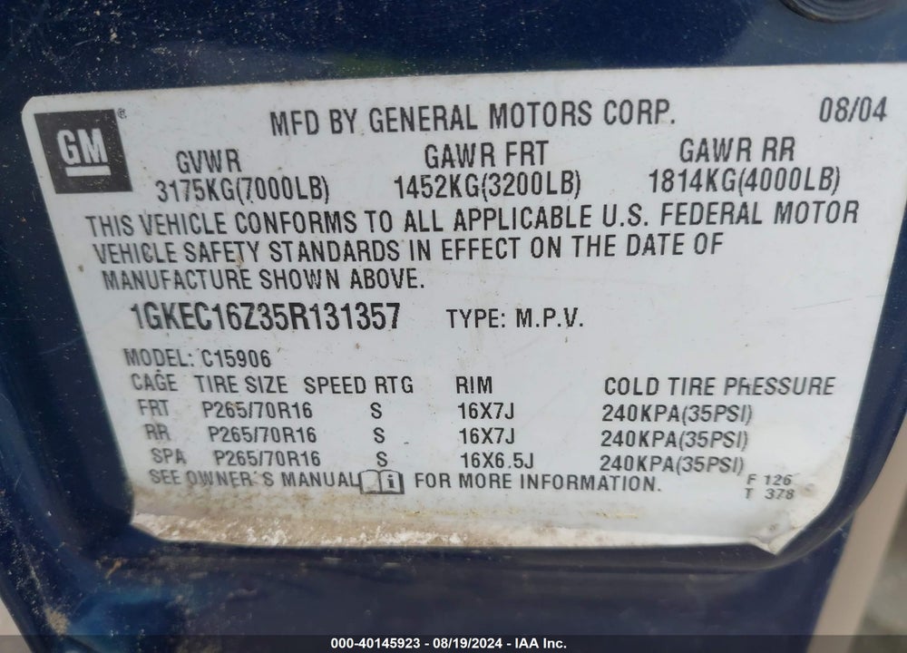 2005 GMC YUKON XL 1500 SLT VIN: 1GKEC16Z35R131357