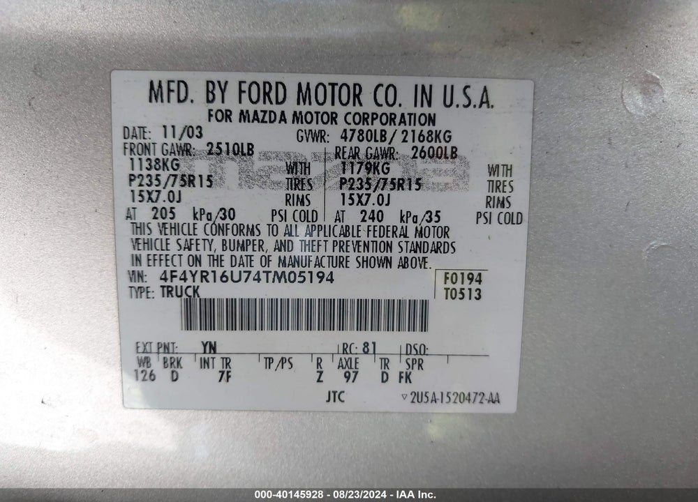 2004 MAZDA B3000 DS VIN: 4F4YR16U74TM05194