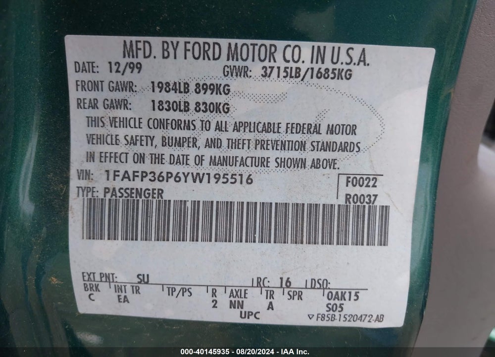 2000 FORD FOCUS SE VIN: 1FAFP36P6YW195516