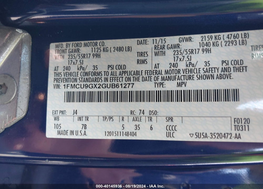 2016 FORD ESCAPE SE VIN: 1FMCU9GX2GUB61277