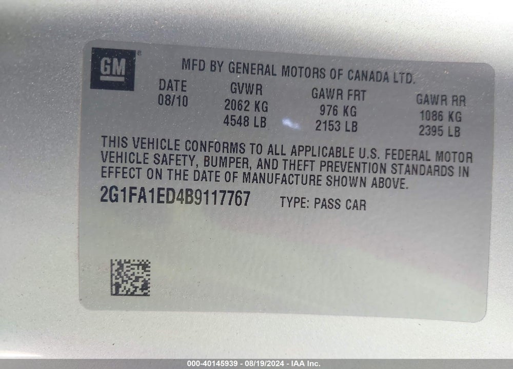 2011 CHEVROLET CAMARO 2LS VIN: 2G1FA1ED4B9117767