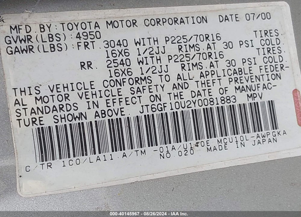 2000 LEXUS RX 300 VIN: JT6GF10U2Y0081883