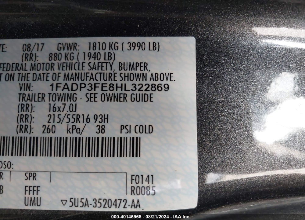 2017 FORD FOCUS SE VIN: 1FADP3FE8HL322869
