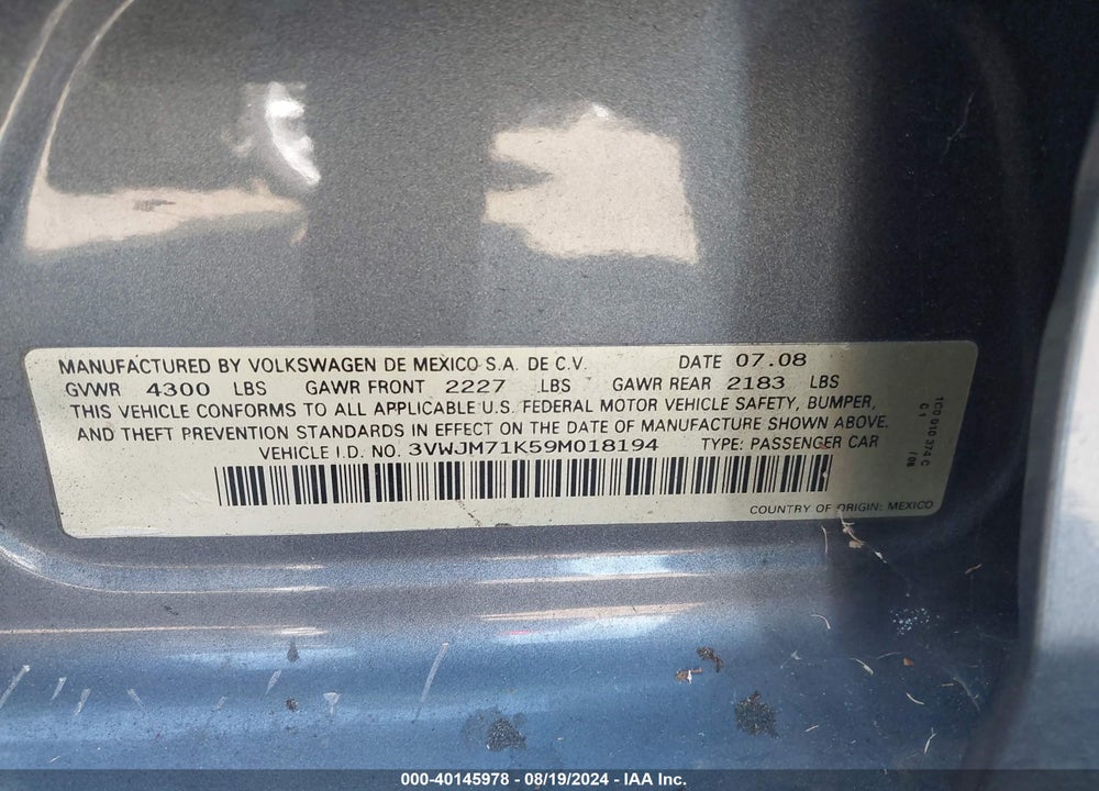 2009 VOLKSWAGEN JETTA S VIN: 3VWJM71K59M018194