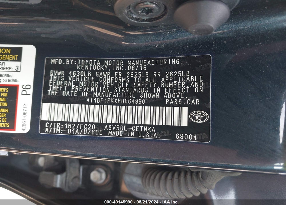 2017 TOYOTA CAMRY LE VIN: 4T1BF1FKXHU664960