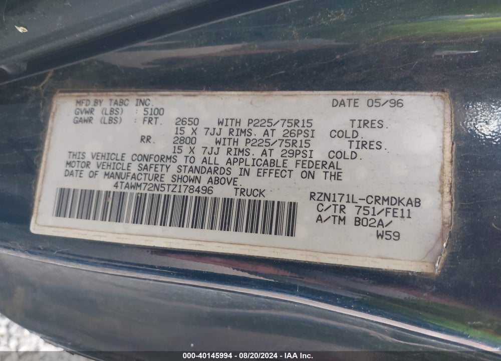1996 TOYOTA TACOMA XTRACAB VIN: 4TAWM72N5TZ178496