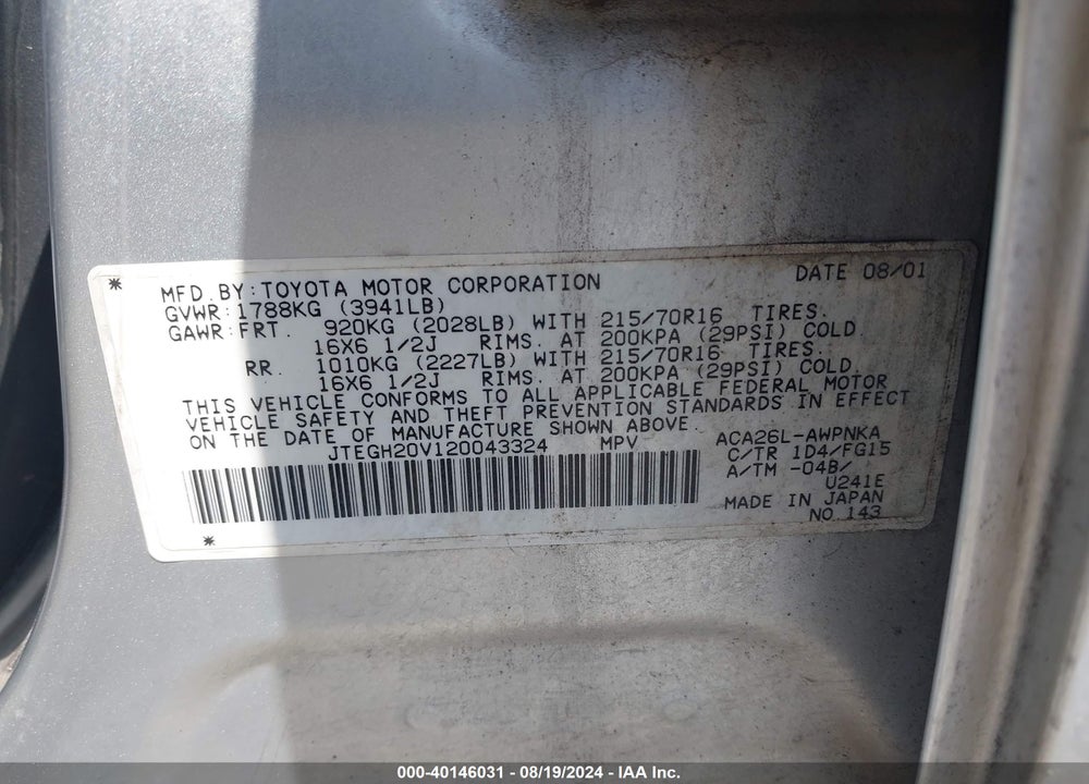 2002 TOYOTA RAV4 VIN: JTEGH20V120043324