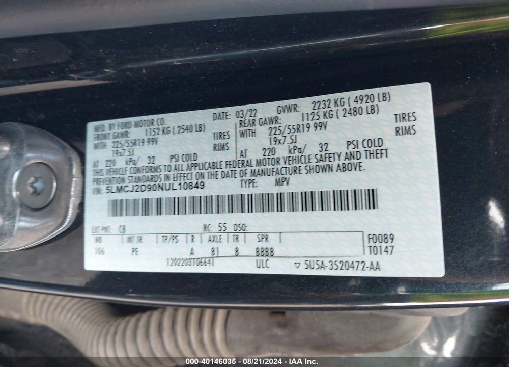 2022 LINCOLN CORSAIR RESERVE VIN: 5LMCJ2D90NUL10849